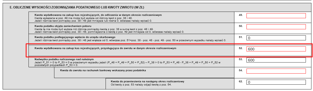 kwota do zwrotu za zakup kasy fisklanej w jpk-v7