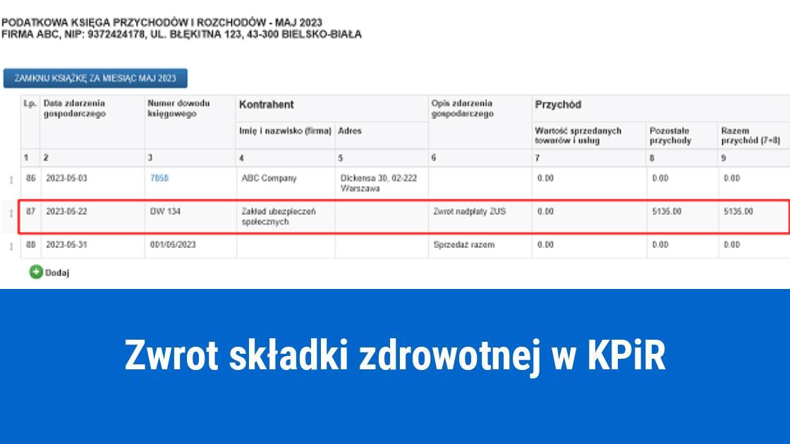 Jak wykazać w KPiR zwrot składki zdrowotnej?