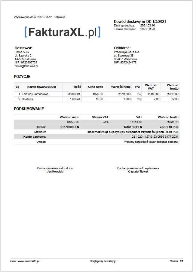 dowód dostawy wzór