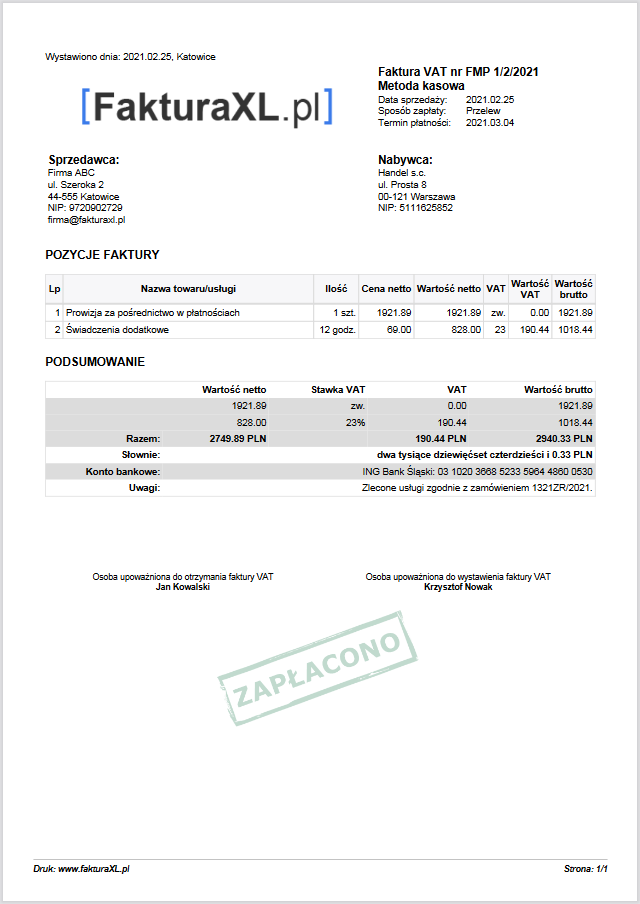 faktura vat metoda kasowa wzór