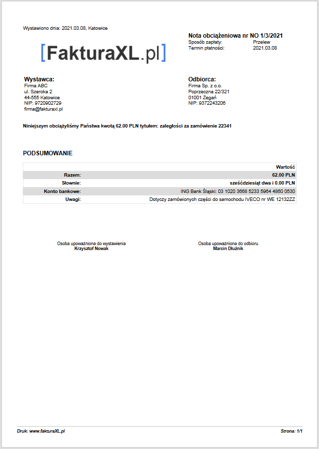 nota obciążeniowa wzór