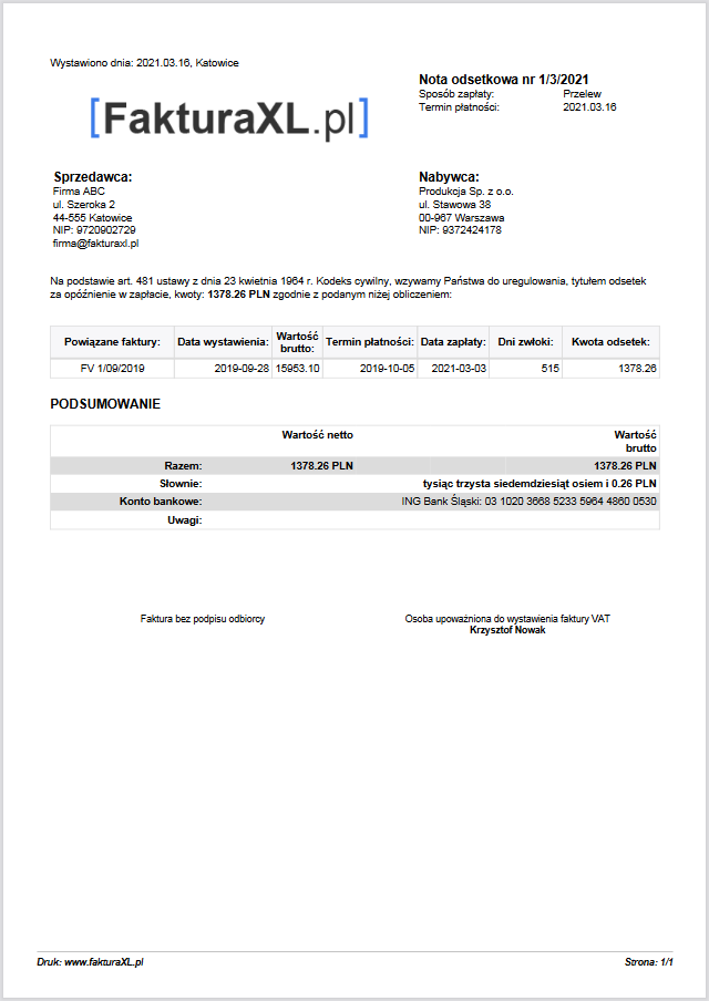 nota odsetkowa wzór